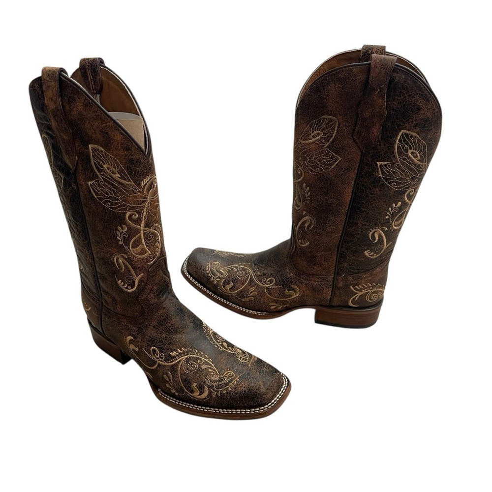 CIRCLE G Dragonfly Brown Leather Embroidered Square Toe Western Boots Size 9.5